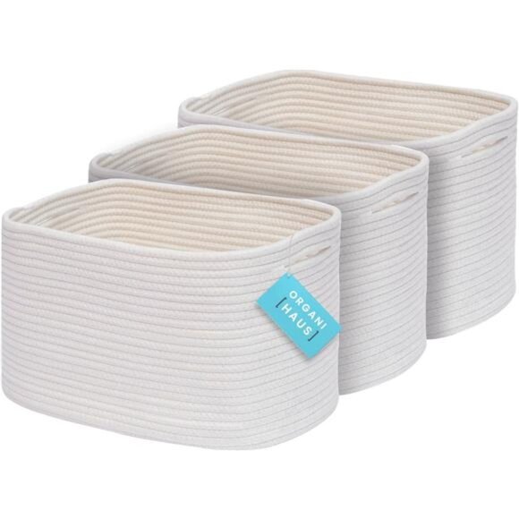 Set of 3 White Shelf Baskets for Organizing, Storage Baskets for Shelves, Square - Picture 1 of 7
